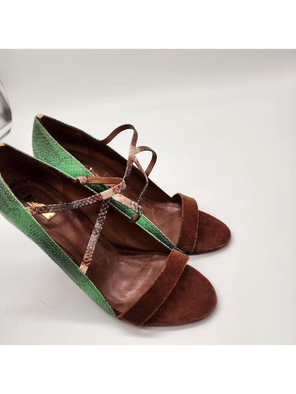 Wedge Schutz green and brown strappy snakeprint textured heels  41 10 - Picture 2 of 9